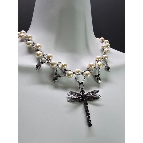 Handcrafted .925 Sterling Silver Glass Pearl Monochrome Dragonfly Pendant Unique - Picture 3 of 11